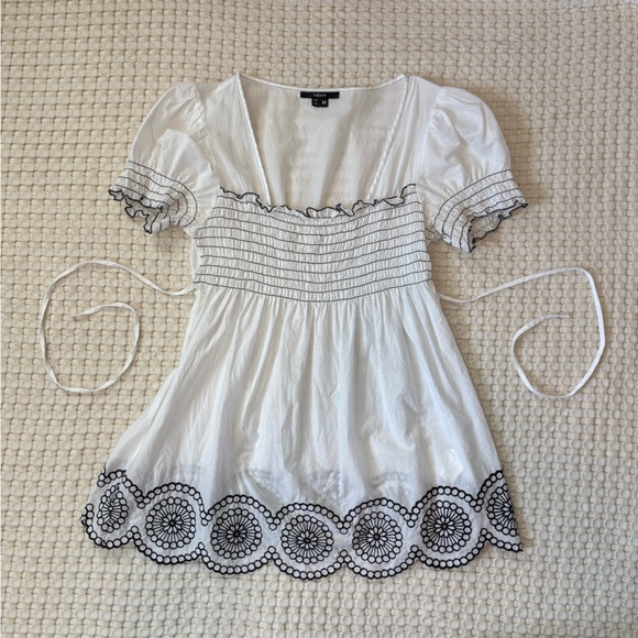 Tops - White Blouse with Black Embroidery Blouse